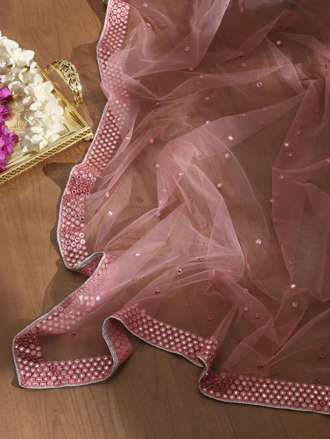 Pink Trendy Organza Mirror Work Dupatta - Luxurion World