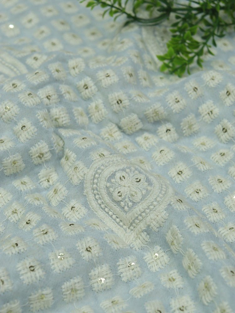 Powder Blue Embroidered Chikankari Georgette Fabric (1Mtr) - Luxurion World