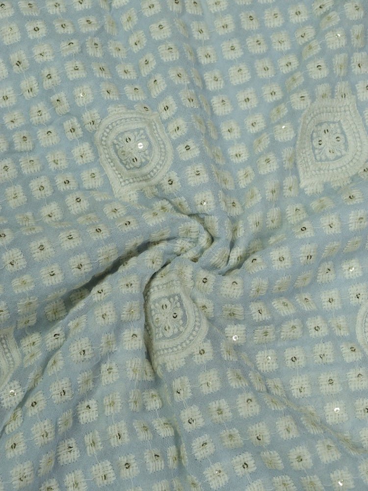 Powder Blue Embroidered Chikankari Georgette Fabric (1Mtr) Luxurionworld