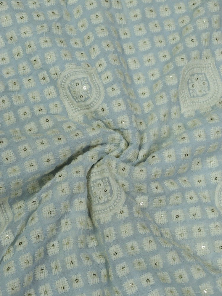 Powder Blue Embroidered Chikankari Georgette Fabric (1Mtr) - Luxurion World