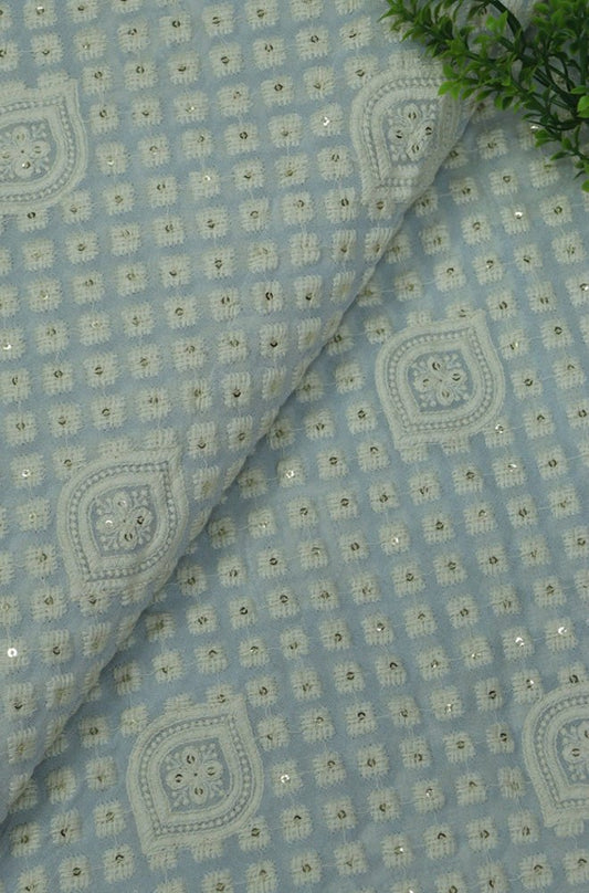 Powder Blue Embroidered Chikankari Georgette Fabric (1Mtr)
