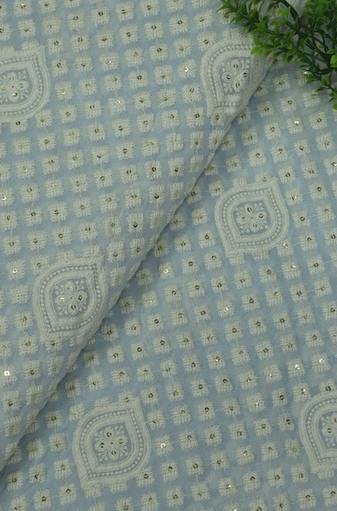 Powder Blue Embroidered Chikankari Georgette Fabric (1Mtr) - Luxurion World