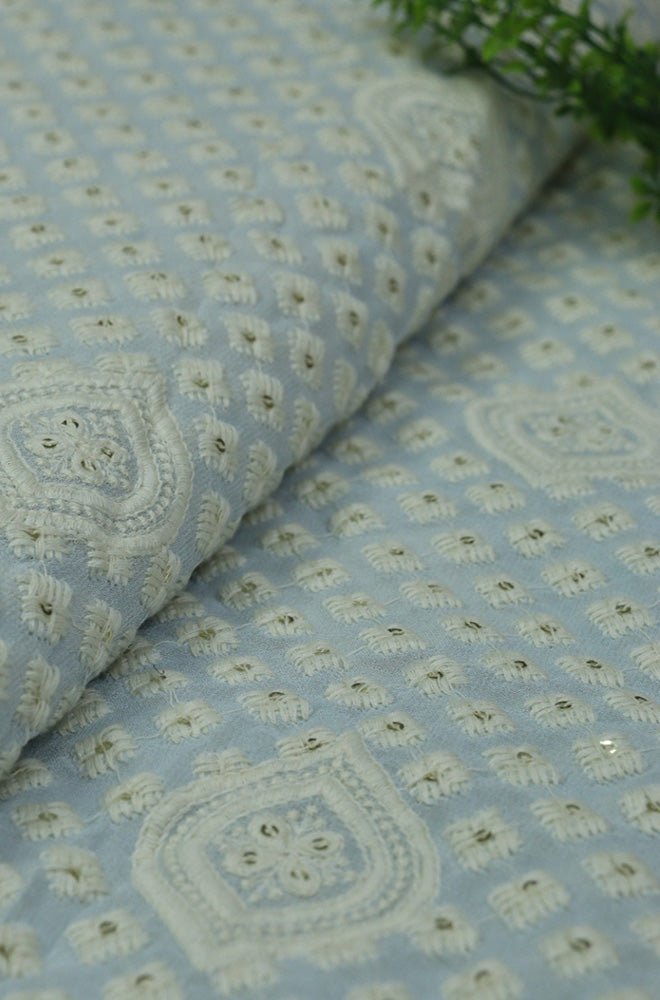 Powder Blue Embroidered Chikankari Georgette Fabric (1Mtr)