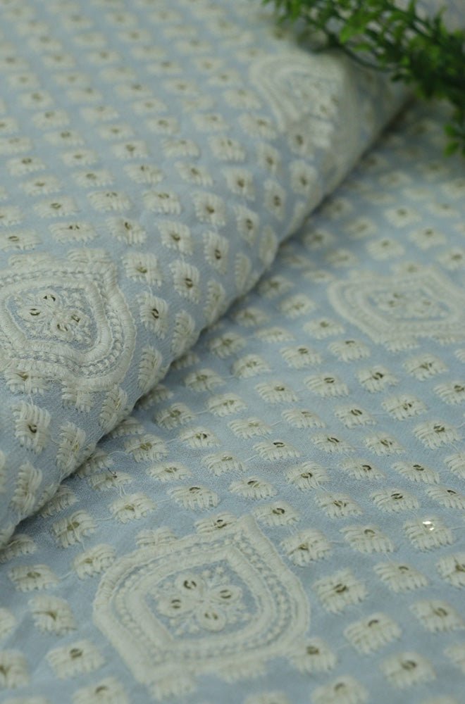 Powder Blue Embroidered Chikankari Georgette Fabric (1Mtr) - Luxurion World