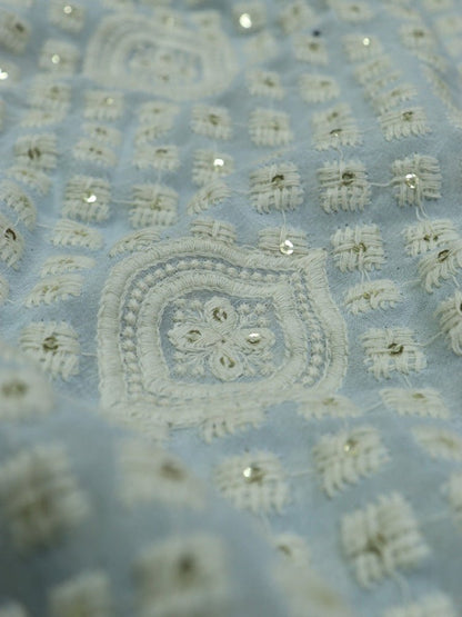 Powder Blue Embroidered Chikankari Georgette Fabric (1Mtr) - Luxurion World