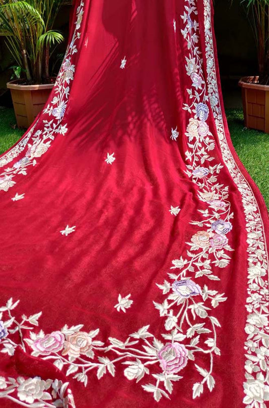 Red Hand Embroidered Parsi Gara Pure Georgette Saree - Luxurion World