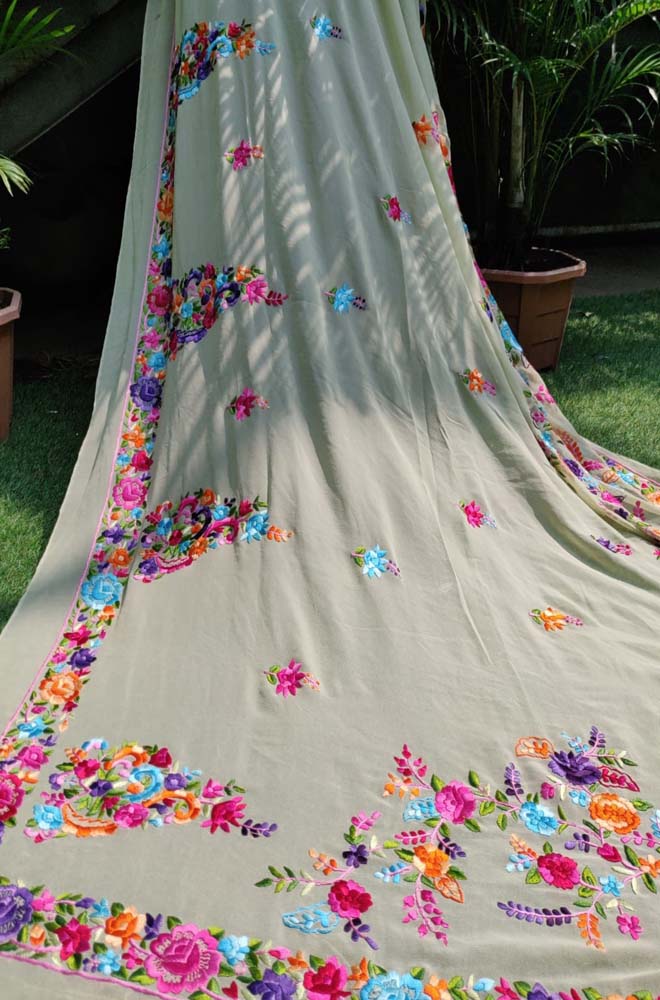 Green Hand Embroidered Parsi Gara Pure Georgette Saree - Luxurion World