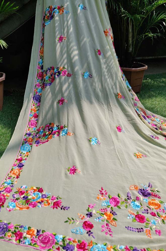 Green Hand Embroidered Parsi Gara Pure Georgette Saree - Luxurion World