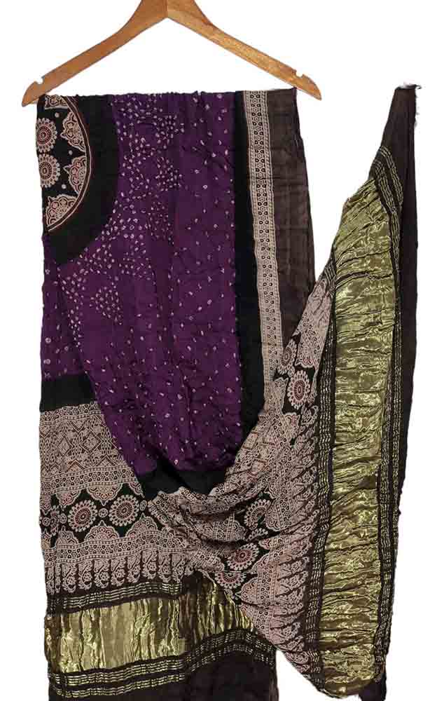 Purple Ajrakh Bandhani Pure Modal Silk Tissue Border Dupatta - Luxurion World