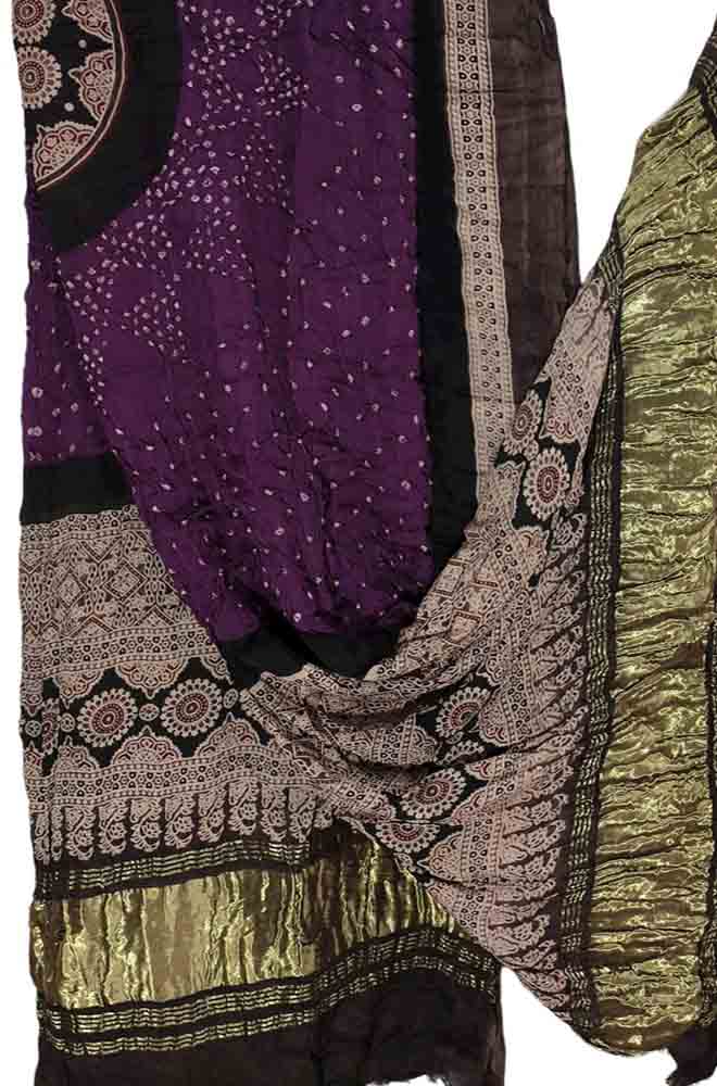 Purple Ajrakh Bandhani Pure Modal Silk Tissue Border Dupatta - Luxurion World