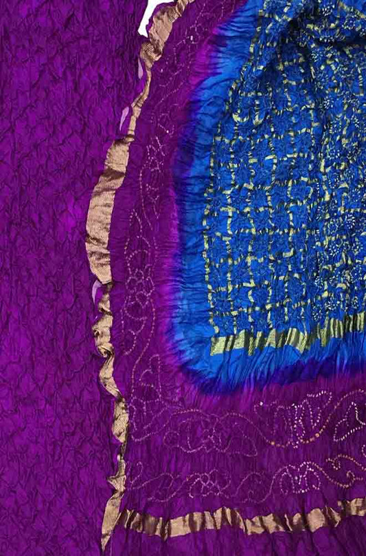 Purple And Blue Bandhani Pure Silk Three Piece Unstitched Suit Set - Luxurion World