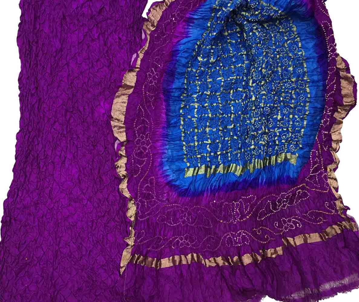 Purple And Blue Bandhani Pure Silk Three Piece Unstitched Suit Set - Luxurion World