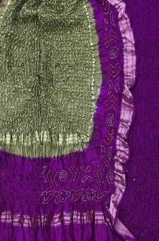 Purple And Grey Bandhani Pure Silk Three Piece Unstitched Suit Set - Luxurion World