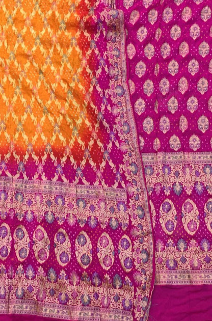 Purple And Orange Banarasi Bandhani Pure Georgette Three Piece Unstitched Suit Set Luxurionworld
