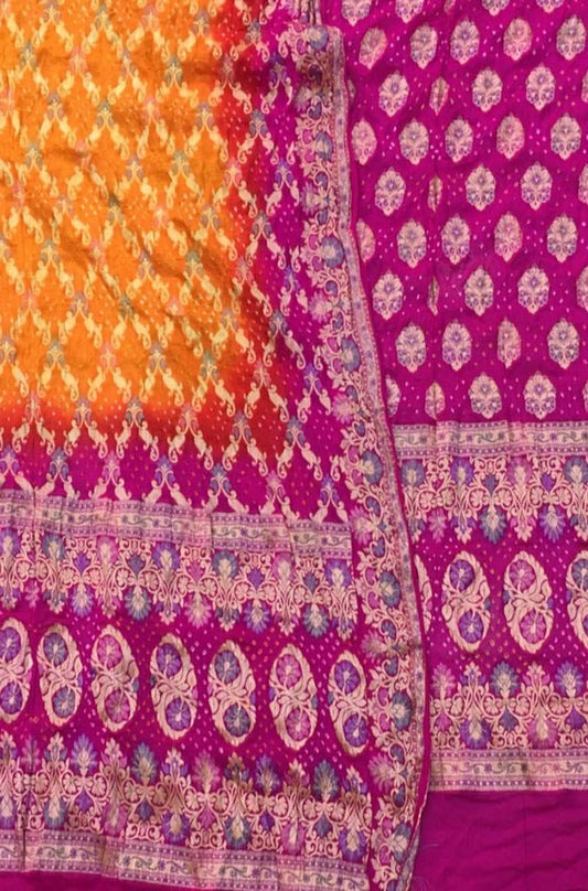 Purple And Orange Banarasi Bandhani Pure Georgette Three Piece Unstitched Suit Set - Luxurion World