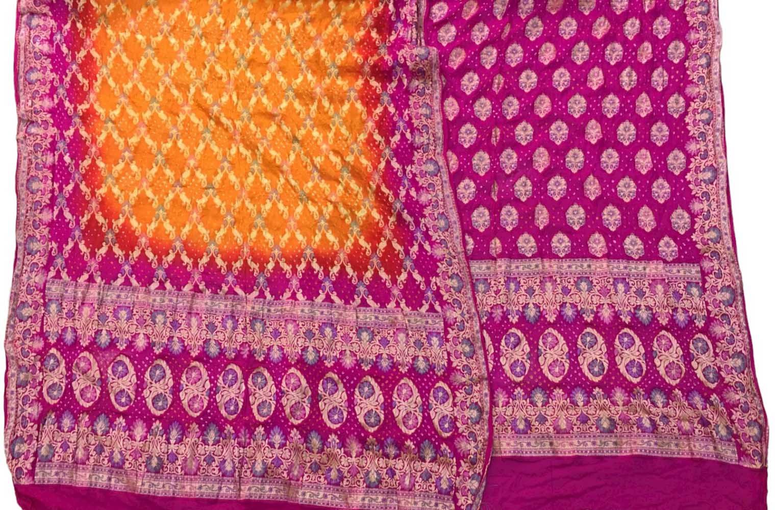 Purple And Orange Banarasi Bandhani Pure Georgette Three Piece Unstitched Suit Set - Luxurion World