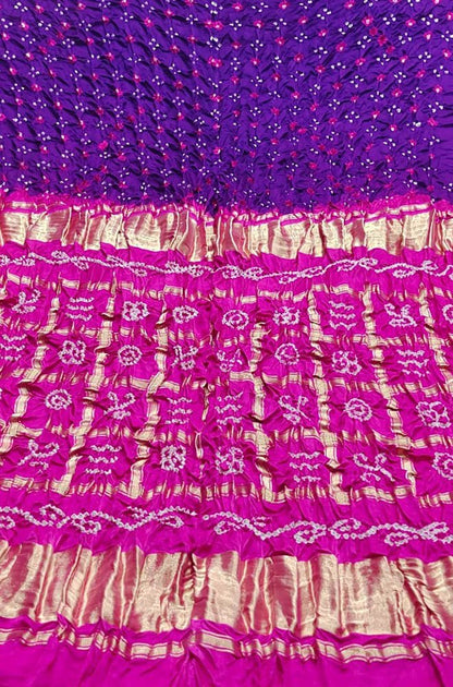 Purple And Pink Checks Bandhani Gajji Silk Gharchola Saree