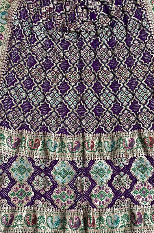 Purple Banarasi Bandhani Pure Georgette Meenakari Dupatta - Luxurion World