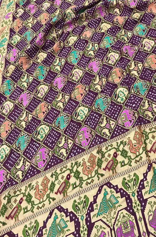 Purple Banarasi Bandhani Pure Georgette Meenakari Figure Motifs Dupatta - Luxurion World