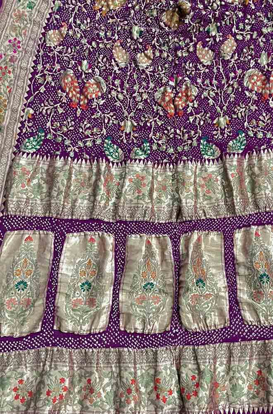 Purple Banarasi Bandhani Pure Georgette Tilfi Work Meenakari Dupatta - Luxurion World