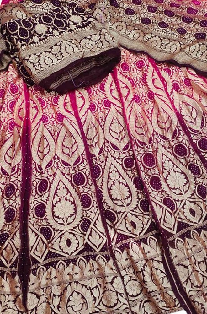 Purple Banarasi Bandhani Pure Georgette Unstitched Lehenga Set - Luxurion World