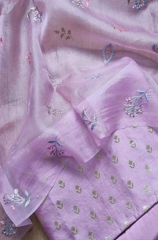 Purple Banarasi Chiniya Silk Three Piece Unstitched Suit Set - Luxurion World