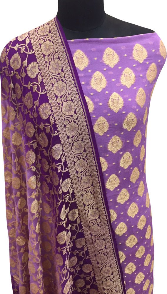Purple Banarasi Pure Georgette Two Piece Unstitched Leaf Design Suit Set