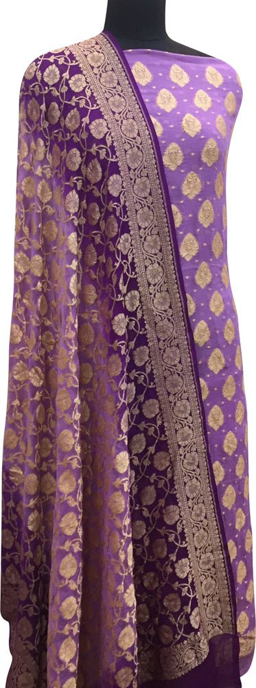 Purple Banarasi Pure Georgette Two Piece Unstitched Leaf Design Suit Set - Luxurion World