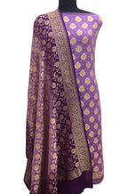 Purple Banarasi Pure Georgette Two Piece Unstitched Leaf Design Suit Set - Luxurion World