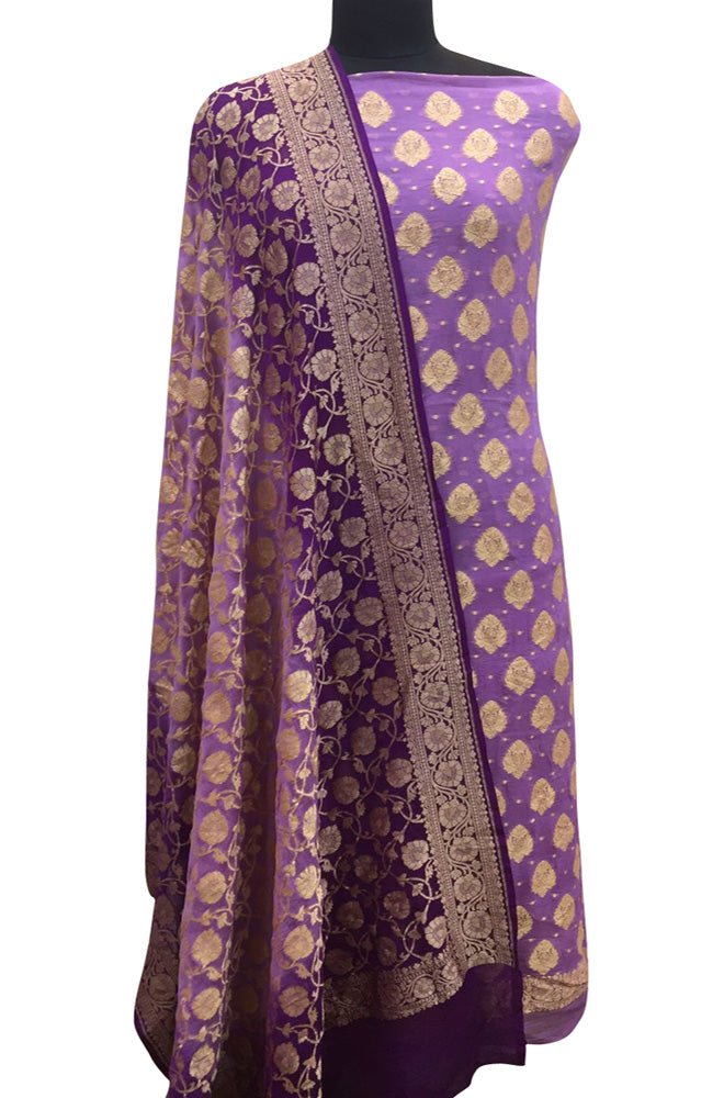 Purple Banarasi Pure Georgette Two Piece Unstitched Leaf Design Suit Set - Luxurion World