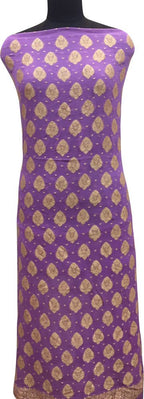 Purple Banarasi Pure Georgette Two Piece Unstitched Leaf Design Suit Set - Luxurion World