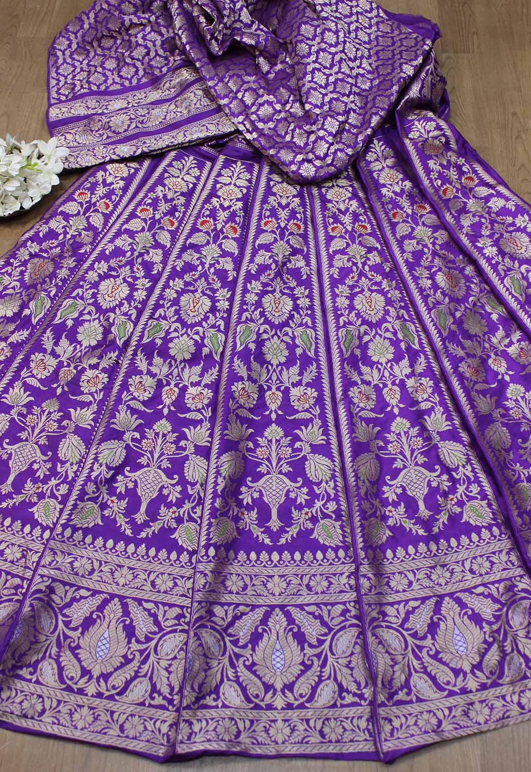 Purple Banarasi Pure Katan Silk Unstitched Lehenga Set - Luxurion World