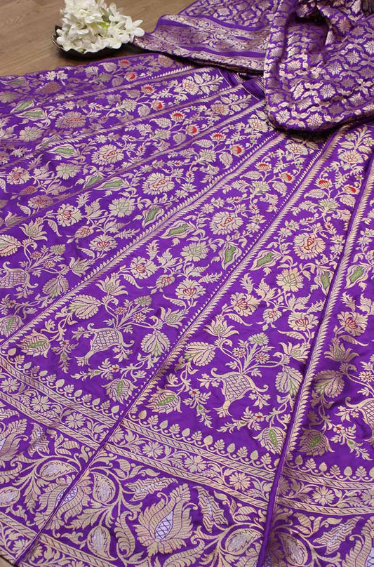 Purple Banarasi Pure Katan Silk Unstitched Lehenga Set - Luxurion World
