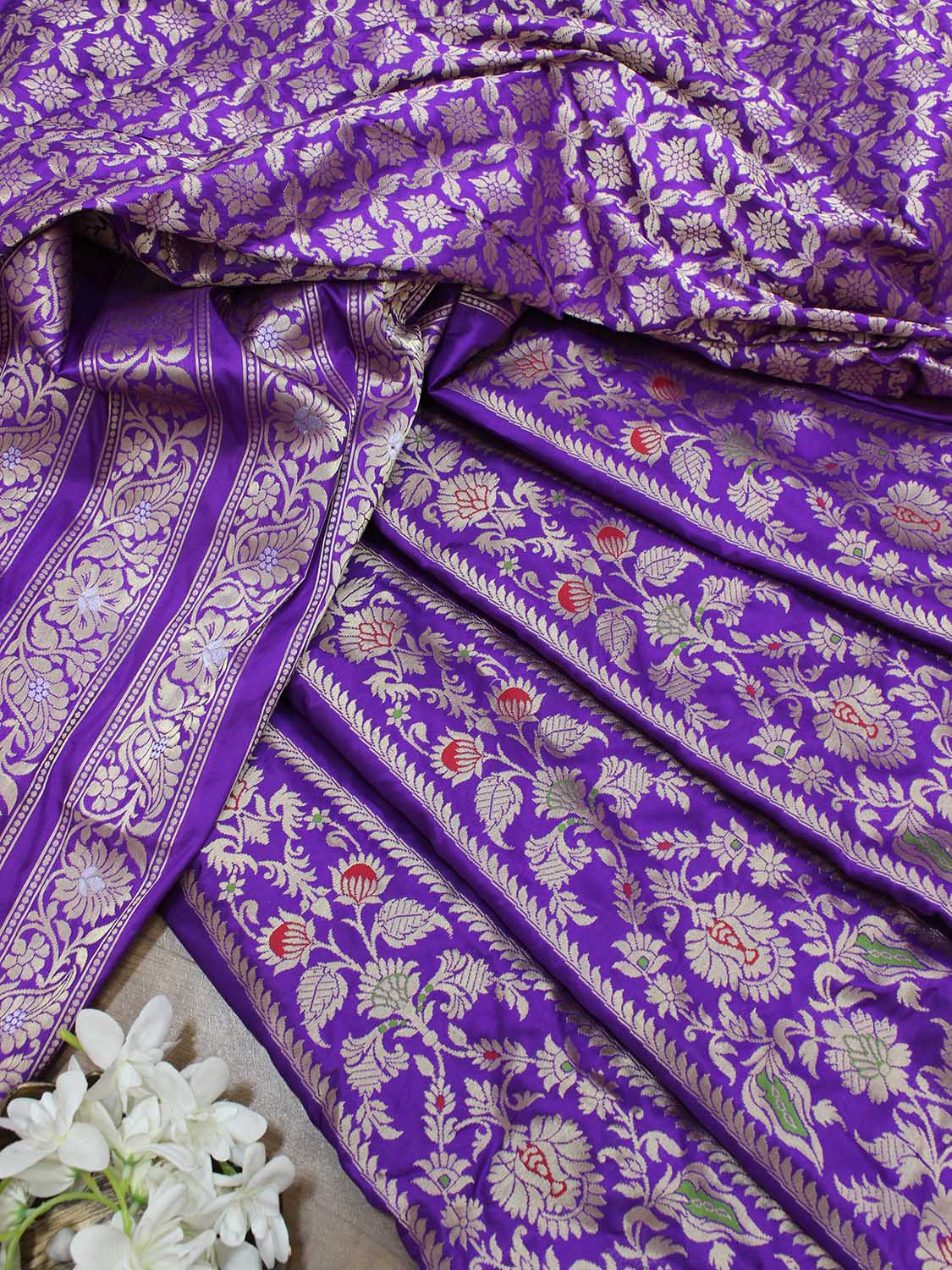 Purple Banarasi Pure Katan Silk Unstitched Lehenga Set - Luxurion World