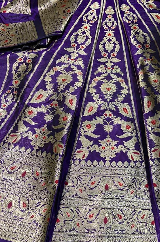 Purple Banarasi Pure Katan Silk Unstitched Lehenga Set