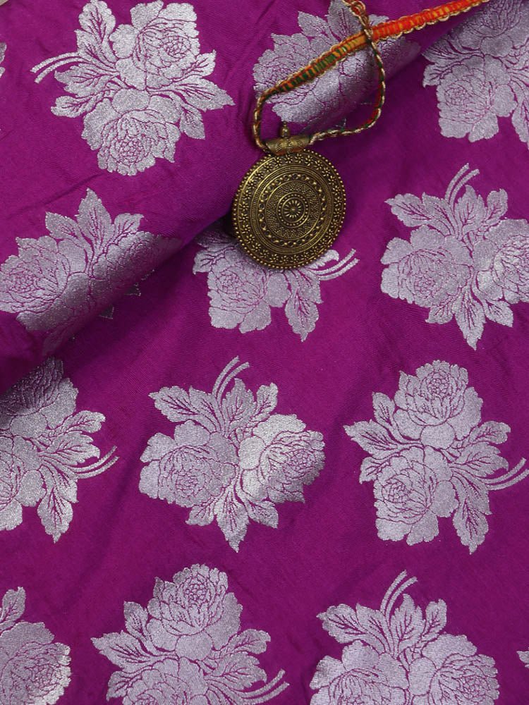 Purple Banarasi Silk Silver Zari Floral Design Fabric ( 0.5 Mtr ) - Luxurion World