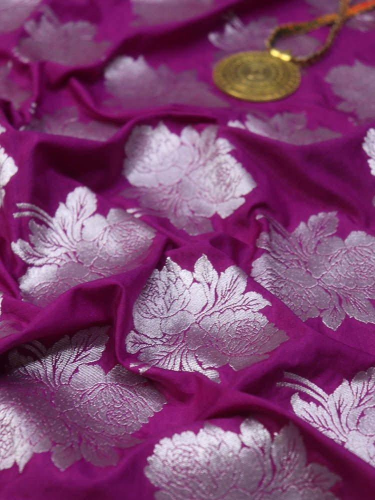 Purple Banarasi Silk Silver Zari Floral Design Fabric ( 0.5 Mtr ) - Luxurion World