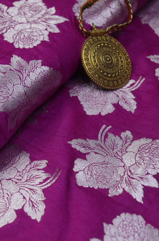 Purple Banarasi Silk Silver Zari Floral Design Fabric ( 0.5 Mtr ) - Luxurion World