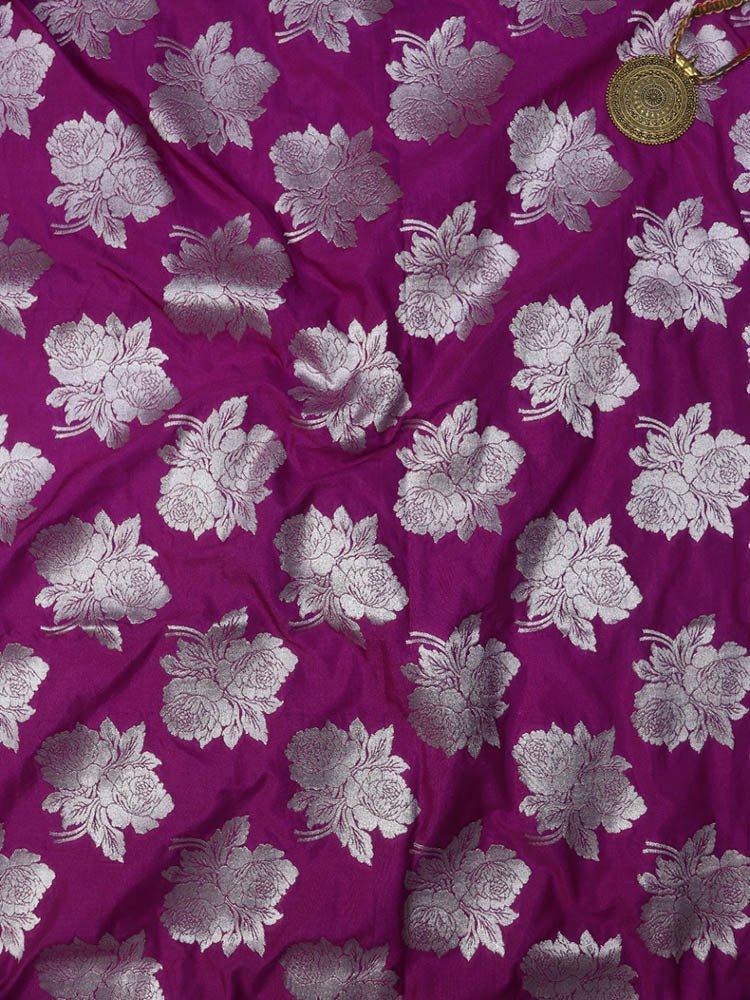 Purple Banarasi Silk Silver Zari Floral Design Fabric ( 0.5 Mtr ) - Luxurion World