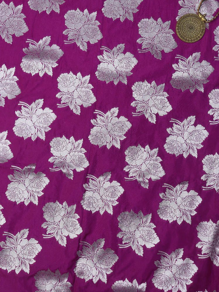 Purple Banarasi Silk Silver Zari Floral Design Fabric ( 0.5 Mtr ) - Luxurion World