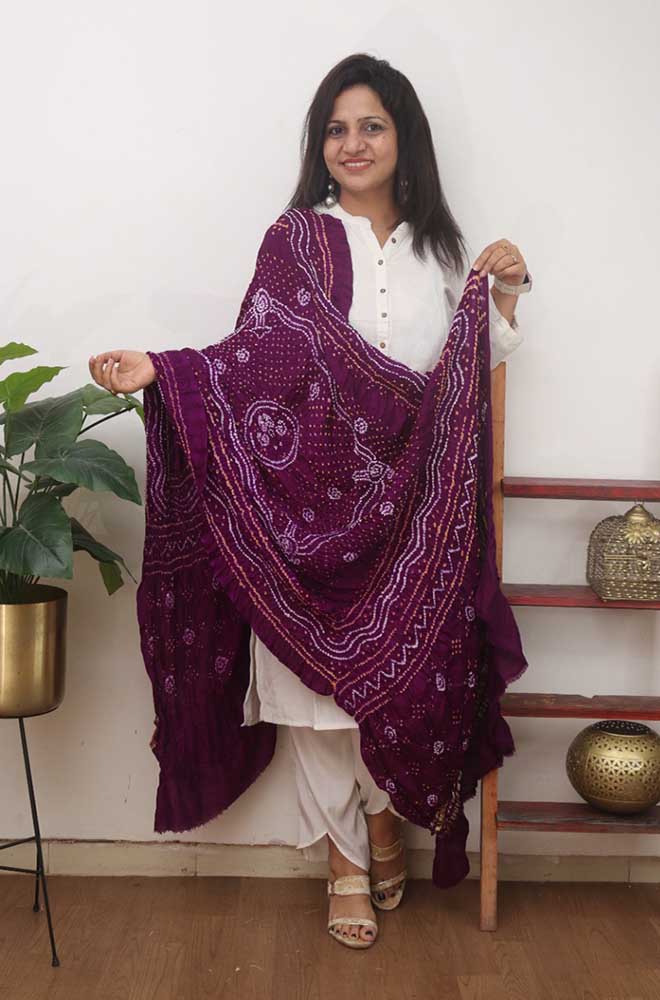 Purple Bandhani Gajji Silk Dupatta - Luxurion World