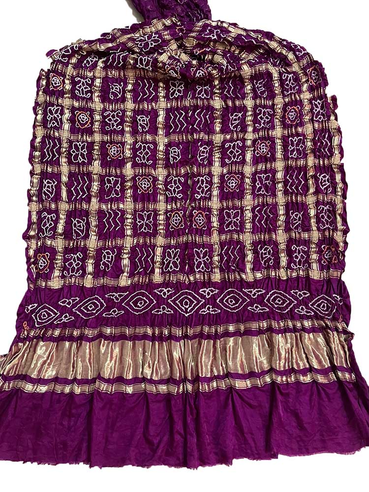 Purple Bandhani Pure Gajji Silk Checks Design Dupatta - Luxurion World