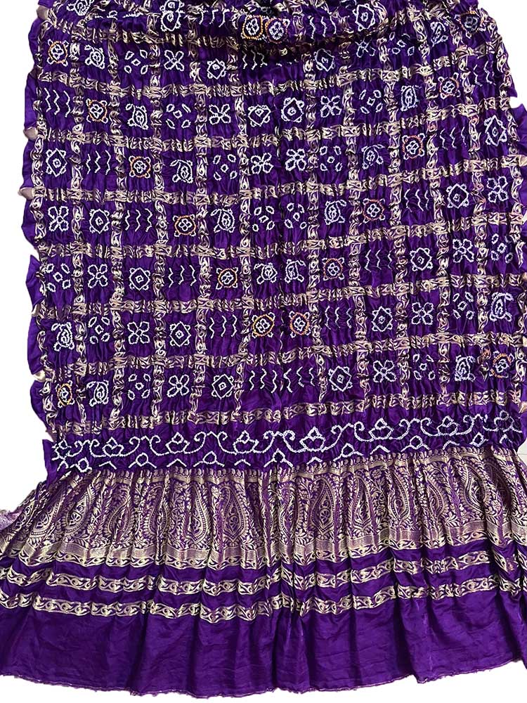 Purple Bandhani Pure Gajji Silk Checks Design Dupatta - Luxurion World