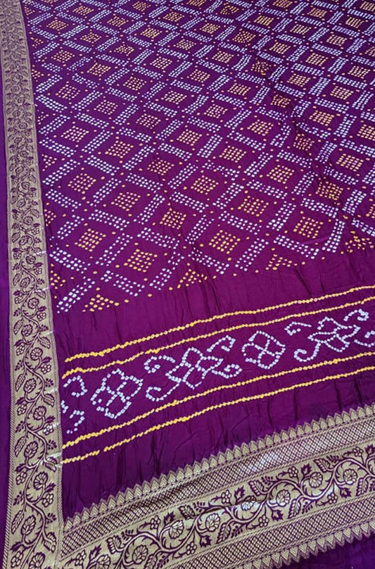 Purple Bandhani Pure Gajji Silk Nakshi Bordar Dupatta - Luxurion World