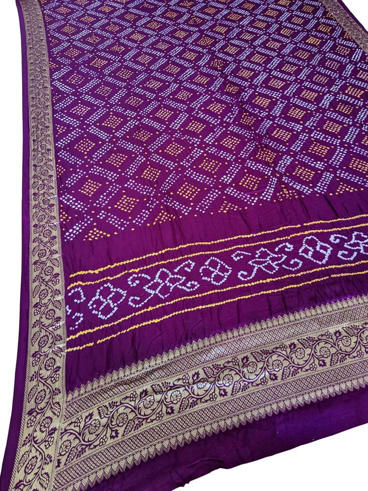 Purple Bandhani Pure Gajji Silk Nakshi Bordar Dupatta - Luxurion World