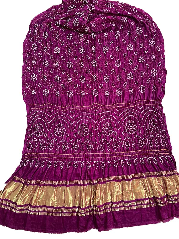 Purple Bandhani Pure Gajji Silk Rai Bhandhej Dupatta - Luxurion World