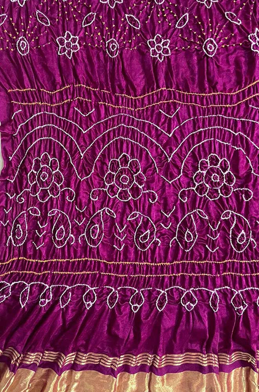 Purple Bandhani Pure Gajji Silk Rai Bhandhej Dupatta - Luxurion World