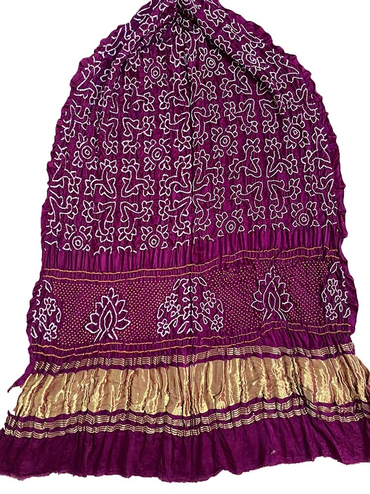 Purple Bandhani Pure Gajji Silk Rai Bhandhej Dupatta - Luxurion World