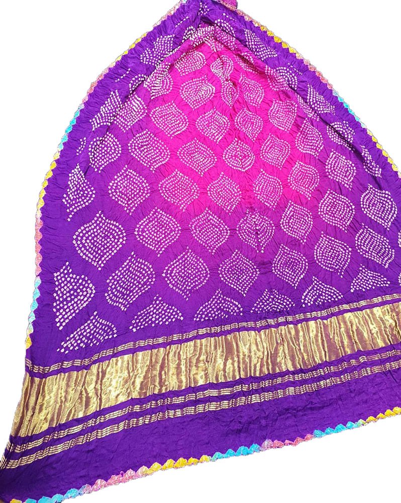 Purple Bandhani Pure Gajji Silk Shaded Dupatta - Luxurion World