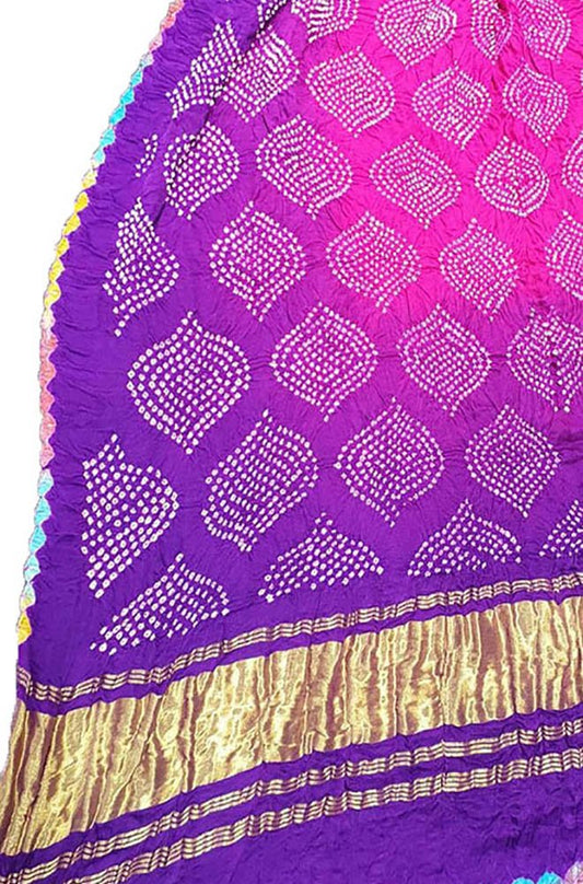 Purple Bandhani Pure Gajji Silk Shaded Dupatta - Luxurion World